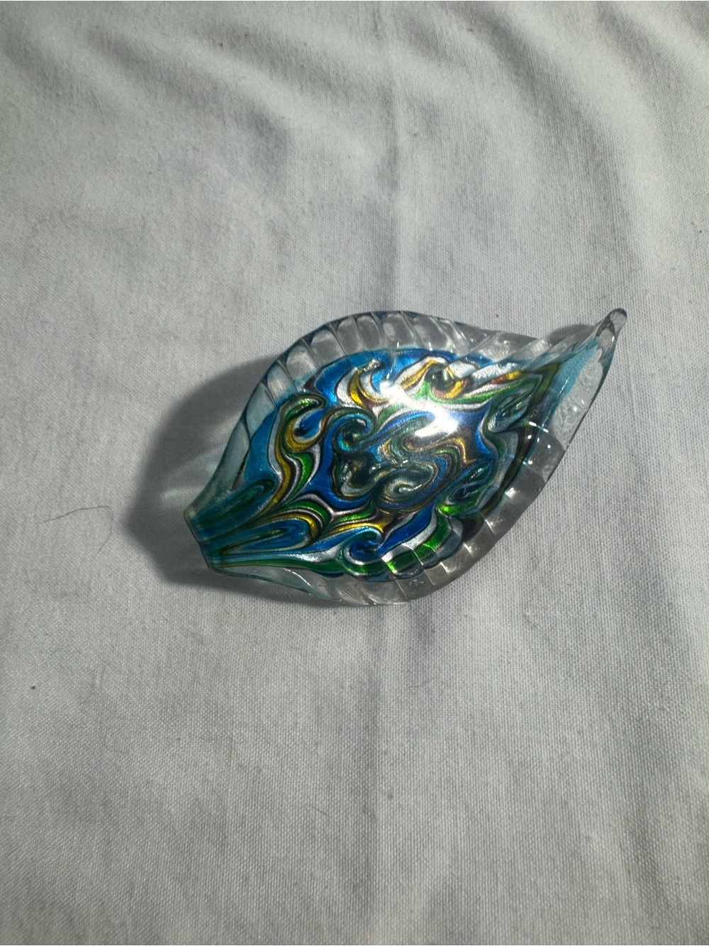 Murano Style Leaf-Shaped Art Glass Pendant Teal Green Blue Gold Foil Center